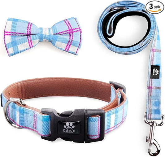 IVY&LANE Dog Collar with Bowtie and Leash Set | Plaid Adjustable Dog Collar | Detachable Bow Tie |5 FT Dog Leash | for Small Medium Large Dogs | Checkered Blue | Medium