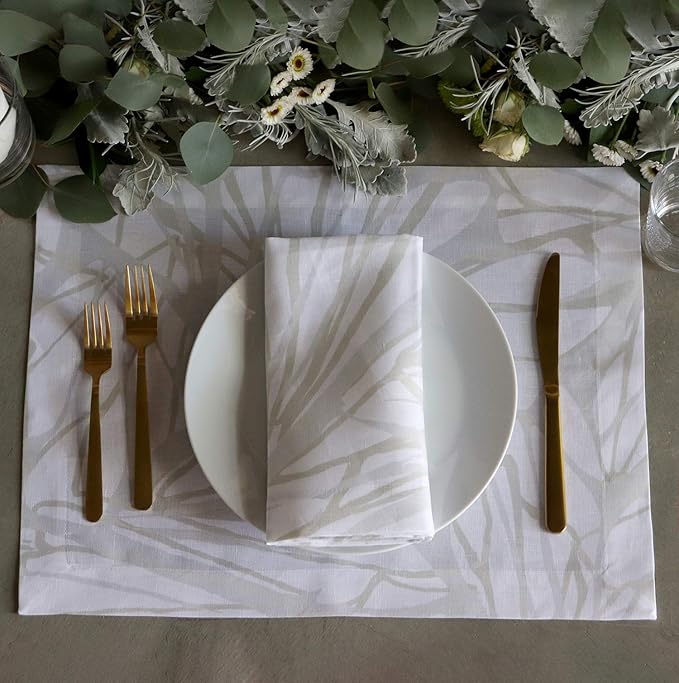 Huddleson Gold Silver White Printed White Printed Linen Napkin 20x20 (Set of Four) Luxury Italian Linen Napkin Sewn in US