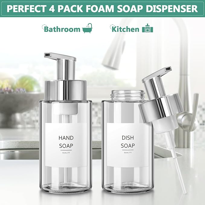 RYTOXILO Glass Soap Dispenser, 10 oz/300ml Foaming Soap Dispenser, 4 Pack Foaming Hand Dispenser for Bathroom & Kitchen, Clear Refillable Foam Soap Bottle with Silver Pump