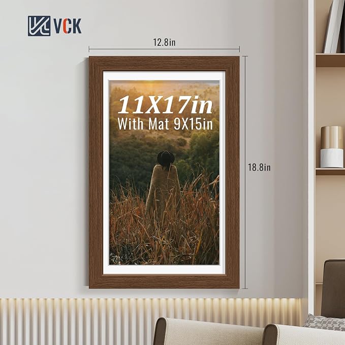 VCK 11x17 Picture Frames Brown 3 Pack, Wide Border Wood, Tempered Glass, Display 9x15 Photo with Mat or 11 x 17 without, for Home, Office, Gallery, Woodgrain Series, Wall Hanging