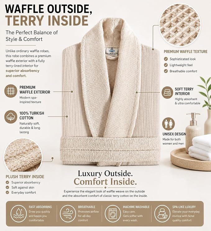 sea me at home Turkish Cotton Waffle Bathrobe, Luxury Spa Hotel Shawl Collar Robe for Women & Men, Plush Terry Inside