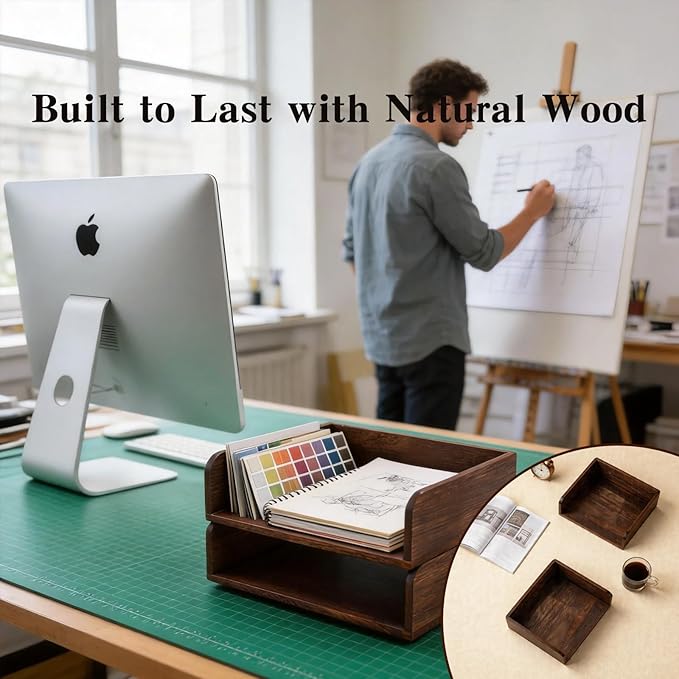 Wooden Desk Organizer, 2-Tier Stackable Wood Inbox Tray for Office, Home & School