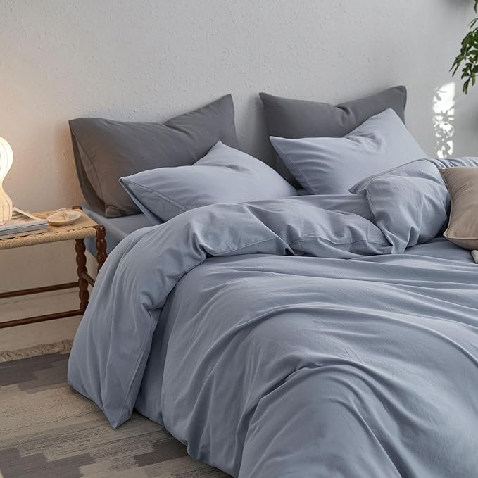MooMee Bedding Duvet Cover Set 100% Washed Cotton Linen Twill Thick Sturdy Material Super Soft Breathable Durable for All Season 3 Pieces (Cornflower Blue, Queen)