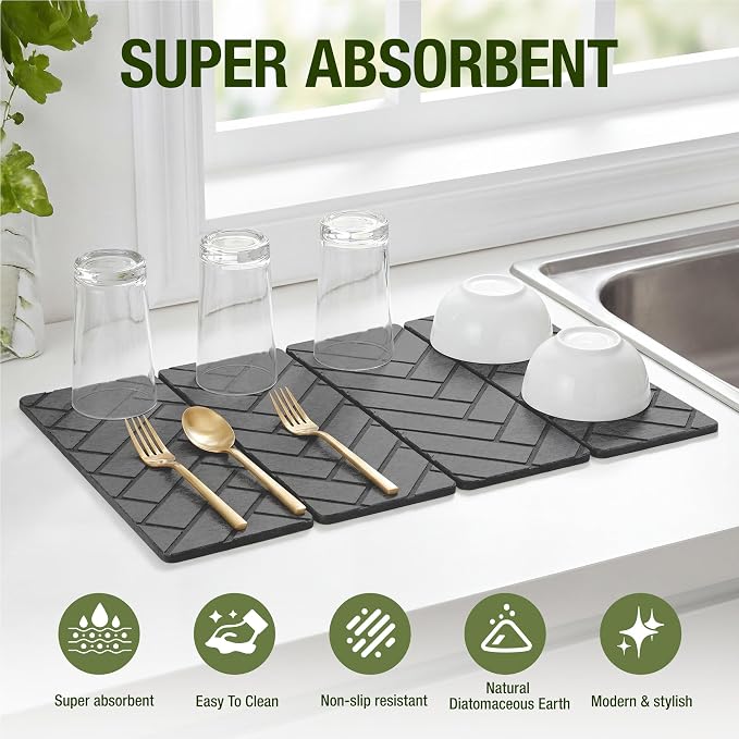 Large Stone Dish Drying Mat for Kitchen Counter,24"×16",Foldable Super Absorbent and Quick Dry Diatomaceous Earth Stone Drying Mat,for Bottles Cups Dishes,Non-slip,Match Any Countertop