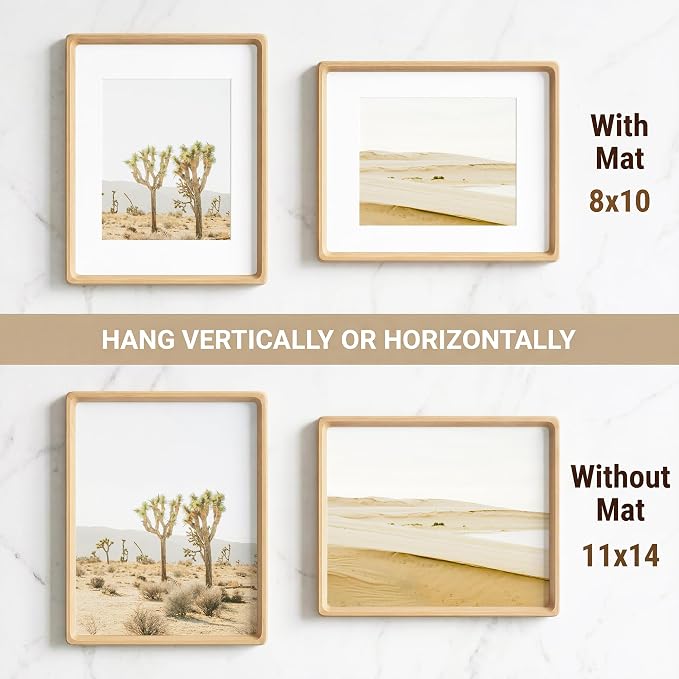 11x14 Picture Frame, USA-Sourced Beech Wood Photo Frame with HD Tempered Glass, Handcrafted Rounded Corner 11 x 14 Wooden Frames Matted to 8x10 Photos, Horizontal or Vertical Wall Display, 2 Pack