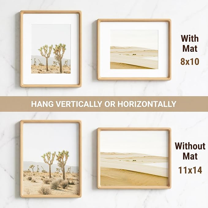 11x14 Picture Frame, USA-Sourced Beech Wood Photo Frames with HD Tempered Glass, Handcrafted Rounded Corner 11 x 14 Wooden Frame Matted to 8x10 Photos, Gallery Wall Frames for Posters & Art Prints