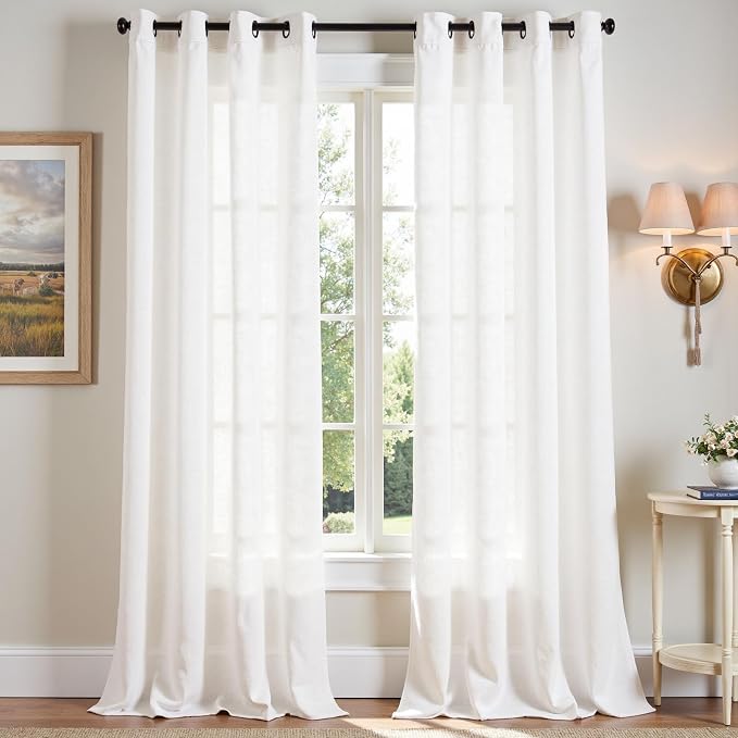 jinchan White Linen Curtains 96 Inch Long for Living Room Bedroom 2 Panel Set Soft Light Filtering Grommet Drapes Neutral Decor Suitable for Home Office Dining Room 8FT Semi Sheer Farmhouse Curtains