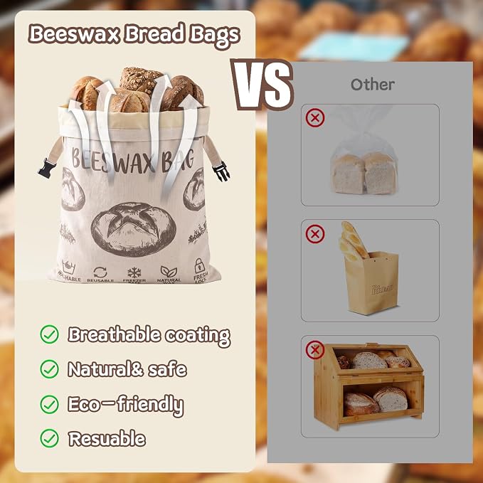 3 Pack Beeswax Bread Bags 17"x13" & 10" Bowl Cover Set, Reusable Organic Linen Bread Storage Bag for Sourdough Homemade Bread, Freezer Safe Zero Waste Eco-Friendly Food Wrap Set for Baking and Storage