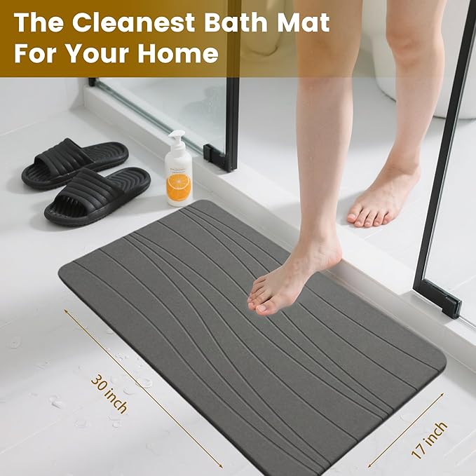 Extra Large Stone Bath Mat, 30'' x 17'' Diatomaceous Earth Non-Slip Stone Shower Mat, Super Absorbent Diatomite Stone Mats for Bathroom Dark Gray XL Flow