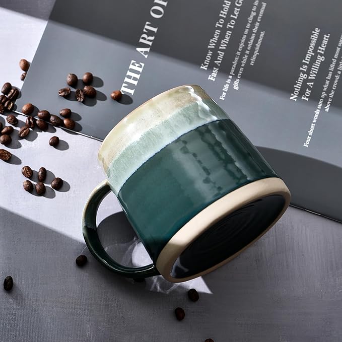 fMBB Ceramic Coffee Mug, 13 oz, Big Tea Cup, Reactive Glaze Shiny and Matte Surface Rich Colored Pottery Mugs, Wide Bottom Coffee Mug for Tea, Latte, Hot Chocolate, Home Decor, Green Tone