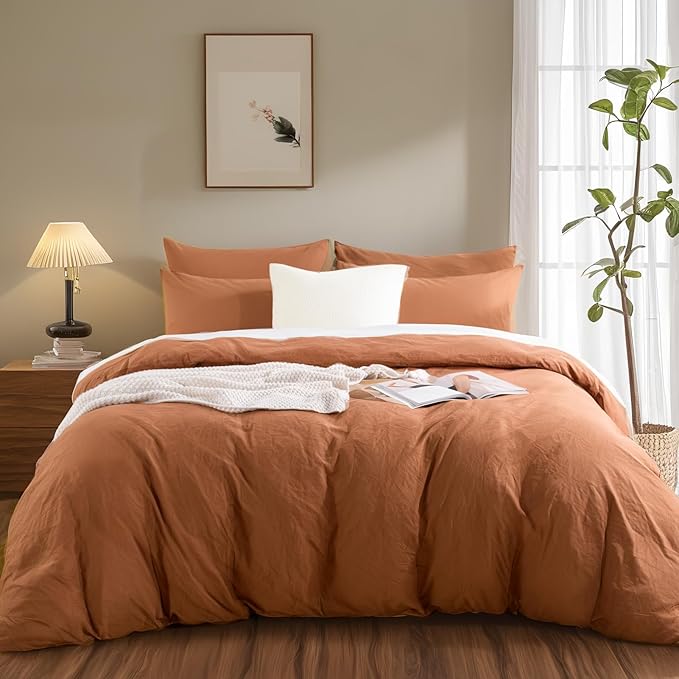 NEXHOME PRO Duvet Cover Set 100% Washed Cotton Full Size Linen Feel Textured Organic Natural 3 Pieces Bedding Set Terracotta Burnt Orange with Zipper Closure, Corner Ties Breathable (No Comforter)