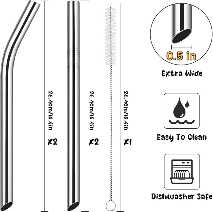 NiHome 4-Pack Stainless Steel Straws for Boba, Smoothie, 10.4” Metal Straws | 0.5'' Extra Wide Metal Reusable Straws, 2 Bent & 2 Straight Long Drinking Straw for Bubble Tea, Milkshake, 1 Brush, Silver