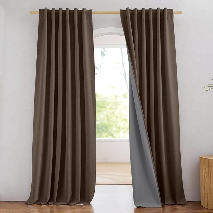 NICETOWN 100% Blackout Brown Curtains for Living Room, 52" Wide Per Panel, Set of 2, Linen Blend Thermal Insulated Curtains 84" Long, Noise Reducing Window Treatment Drapes for Home Cinema