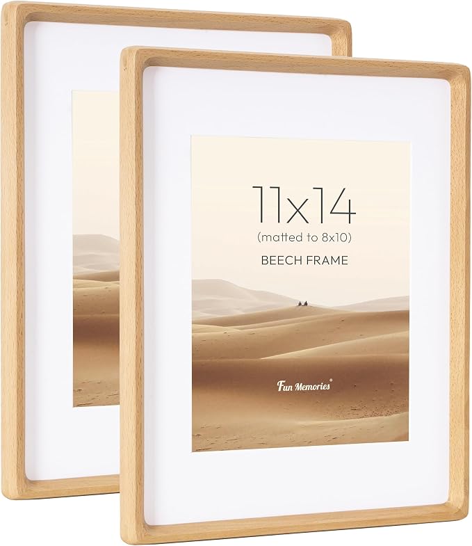 11x14 Picture Frame, USA-Sourced Beech Wood Photo Frame with HD Tempered Glass, Handcrafted Rounded Corner 11 x 14 Wooden Frames Matted to 8x10 Photos, Horizontal or Vertical Wall Display, 2 Pack