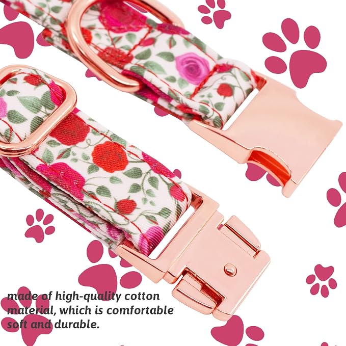 Dog Collar and Leash Set Girls Adjustable Puppy Collars with Floral Bow Tie for Small Medium Large Female Dogs, Red Rose, XS