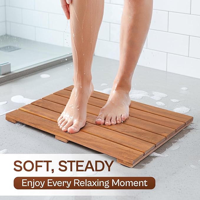 Wooden Shower Mat 13×20 in – Solid Acacia Wood Bath Mat, Non-Slip Feet, Slatted Fast-Drainage Design – Spa, Bathroom & Outdoor Use (Acacia)