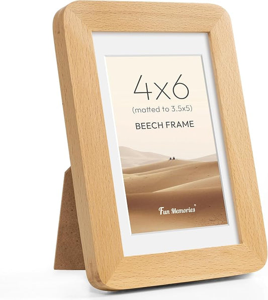 Fun Memories 4x6 Picture Frame - Solid Beech Wood Frame, Handcrafted 4x6 Photo Frame Matted to 3.5x5 with Real Glass, Wall or Tabletop Display, 4 By 6 Photo Frame Wood, Natural Beech