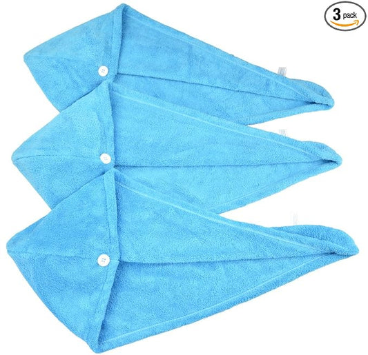 HOPESHINE Women's Soft Shower Hair Towel Twist Hair Turban Wrap Drying Cap Great Gift for Women (Blue 3-Pack)
