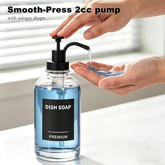 Dish Soap Dispenser for Kitchen, Hand Glass Soap Dispenser Set with Pump, Tray, Funnel for Bathroom, Shower, Laundry, Liquid, Lotion (Black 2 Pack 18 Oz Clear Bottles with 12 Stickers)
