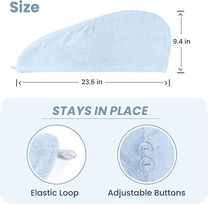 Mandydov 100% Cotton Hair Towel Wrap for Women, 2 Pack Thickened & Super Absorbent Turbans, Anti Frizz Quick Dry Hair Towels (White, Blue)