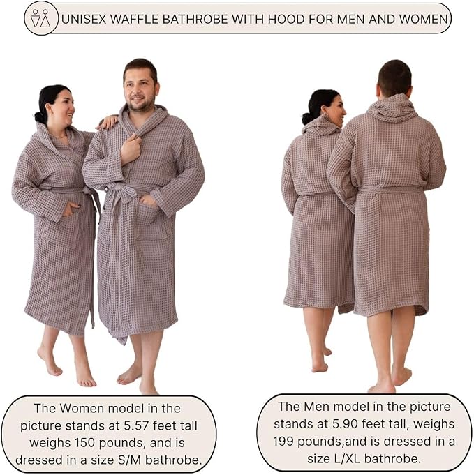Unisex Hooded Waffle Robe for Women & Men 100% Turkish Cotton | Quick-Dry Bathrobe | Cozy Housecoat for Lounging