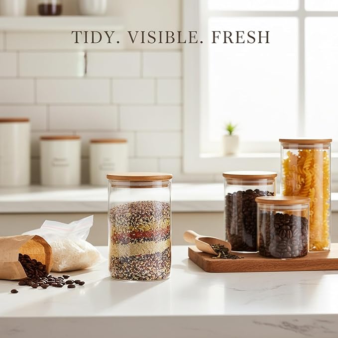 Borosilicate Glass Storage Jars with Bamboo Lids, Clear Kitchen Canisters for Pantry Organization of Dry Goods, Coffee, Tea, and Grains
