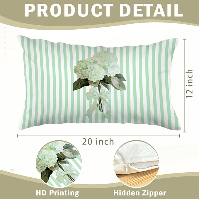 Cottagecore Mint Green Hydrangea Floral 12x20 Pillow Cover, Preppy Girly Bow Botanical Flower Green Striped Decorative Lumbar Pillow Cover for Girls Room Dorm Bedroom Living Room Home