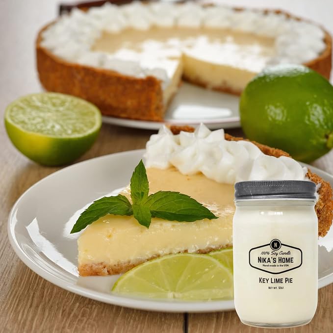 Nika's Home Key Lime Pie Soy Candle - 12oz Mason Jar - Non-Toxic - Hand Poured in The USA, Long Burning 50-60 Hours Highly Scented All Natural, Clean Burning