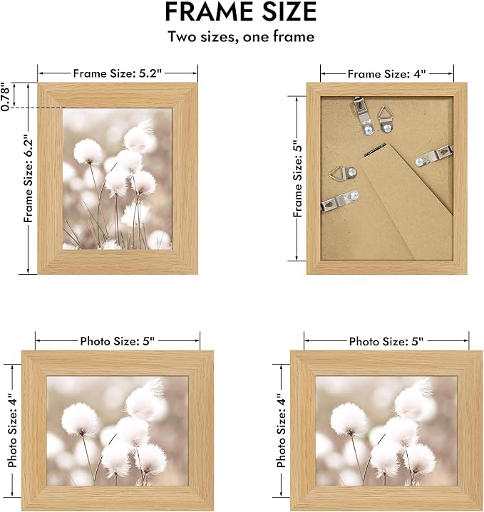 Hongkee 4x5 Oak Wood Picture Frame (1 Pack, Natural) with Real Glass Cover | Solid Wood 4 x 5 Small Frame for Wall or Tabletop Display - Includes Easel Back, Vertical Hang - Ideal for Home, Office