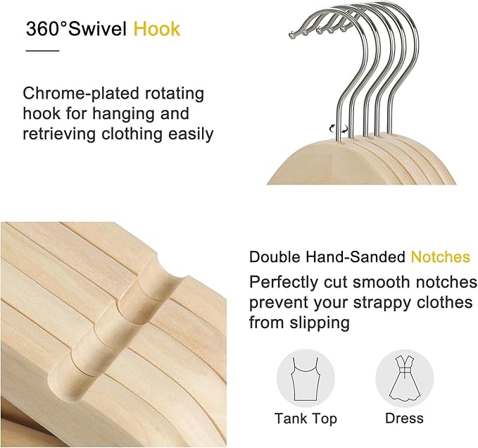 TOPIA HANGER Unfinished Natural Wooden Hangers 30 Pack- 360° Swivel Hook and Smoothly Cut Shoulder Notches-Premium Wood Clothes Hangers for Suit, Coat, Jacket, Pant, Camisole-CT10N30
