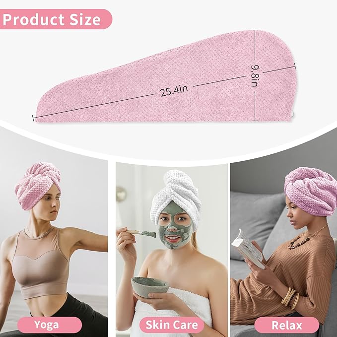 my novel things 3 Pack Hair Towel Wrap for Women, 25.4" x 9.8" Microfiber Towels, Super Absorbent Quick Dry with Button for Curly Hair Anti Frizz (Pink,White,Purple) Gift for Women Girls