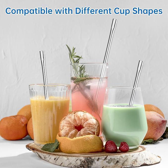 NiHome 8-Pack Anti-Wrinkle Flat Tip Stainless Steel Straws Fit for Stanley Cups, with 2 Brushes & Portable Storage Bag, 4 Lengths for 14oz 20oz 30oz 40oz Tumblers, Dishwasher Safe Reusable Straws