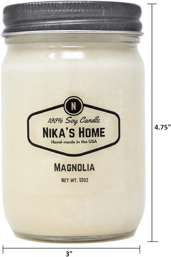 Nika's Home Magnolia Soy Candle - 12oz Mason Jar - Non-Toxic - Hand Poured in The USA, Long Burning 50-60 Hours Highly Scented All Natural, Clean Burning