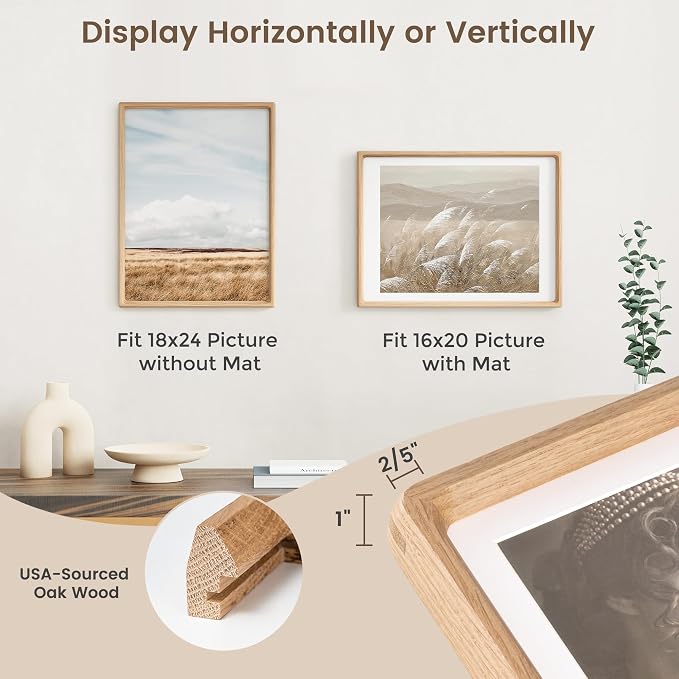 18 x 24 Poster Frame, USA-Sourced Oak Wood Picture Frame with HD Tempered Glass, Handcrafted Rounded Corner 18x24 Wooden Frames Matted to 16x20 Photos, Horizontal or Vertical Wall Display