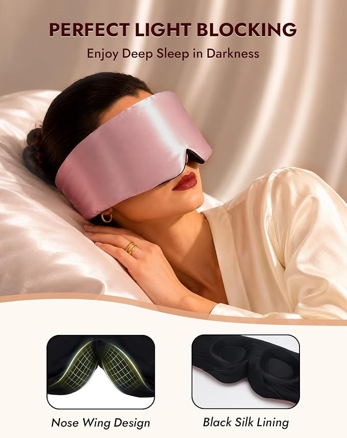 SilkSilky Silk Sleep Mask for Side Sleepers - 22 Momme 100% Mulberry Silk, Wide Face-Hugging 3D Eye Mask for Total Blackout, Zero Pressure & Adjustable Band for Women Men (Pale Mauve)