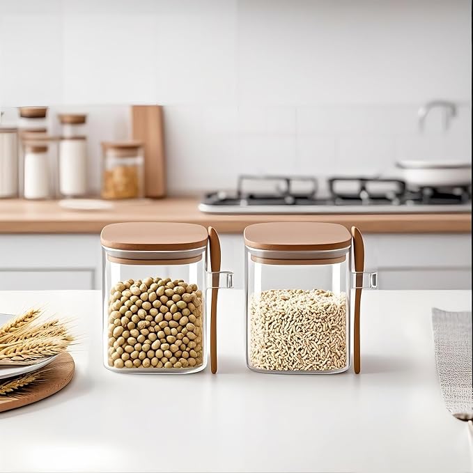 600ml/20.29Oz Clear Glass Spice Jars with Bamboo Lids - Square Glass Food Storage Jars Containers with Spoon - Airtight kilner jars for Tea,Coffee,Sugar,Cereal,Flour