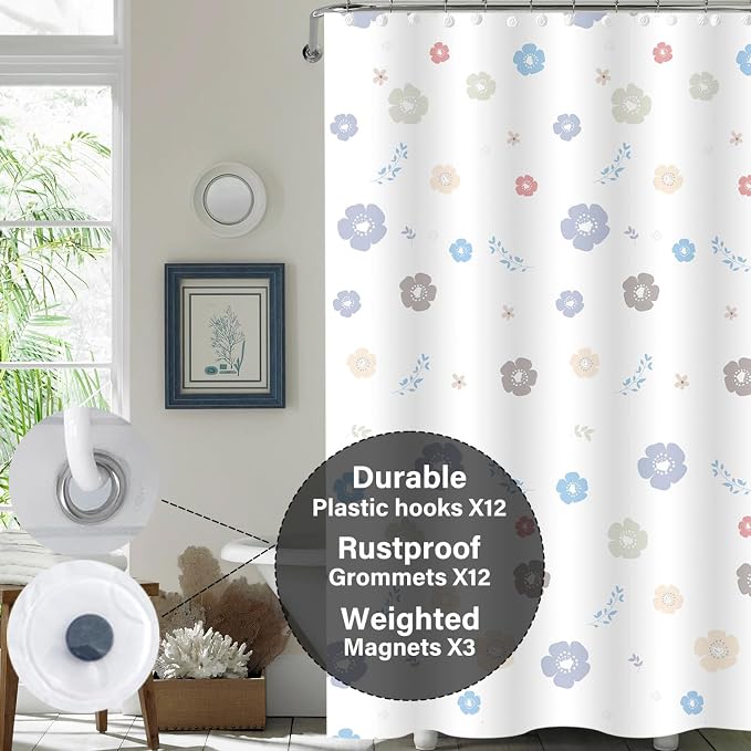 Plastic Shower Liner - Premium EVA 5G Shower Curtain Liner with Rustproof Grommets and 3 Weighted Magnets, Waterproof Shower Curtains for Bathroom (Cute Flower, 72" x 72")