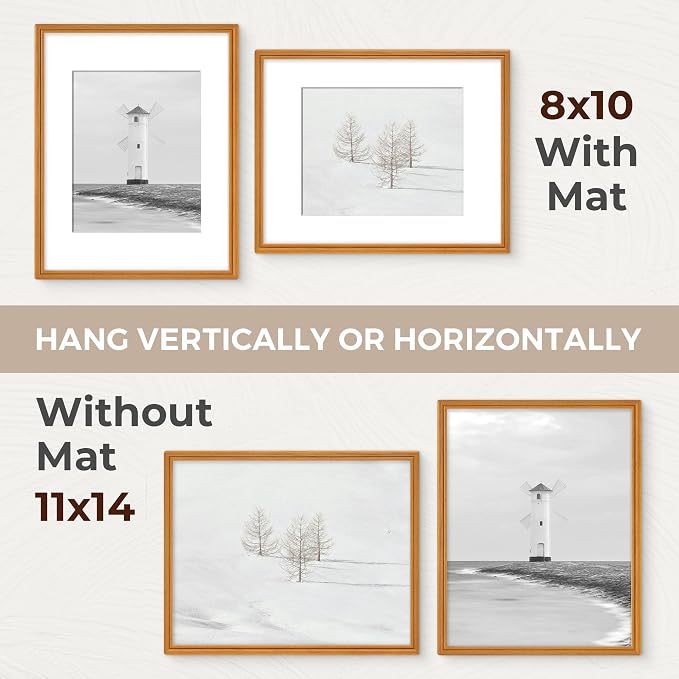 11x14 Picture Frame with Mat for 8x10, USA-Sourced Teak Wood Handcrafted Rounded Corner with HD Tempered Glass, 11 x 14 Photo Frames Gallery Wall & Tabletop, Vertically or Horizontally, 2 Pack