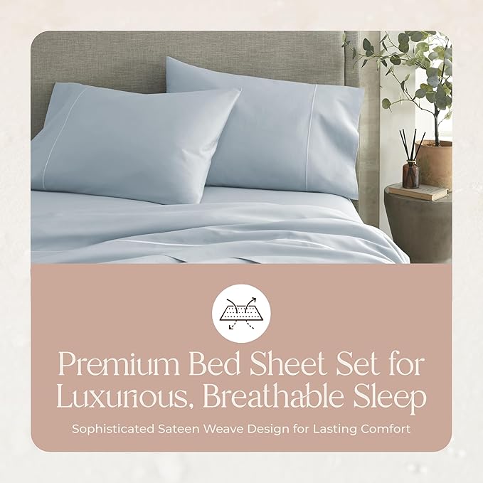 100% Organic Cotton Sheets King Size - GOTS Certified Organic Bed Sheets with Deep Pocket 300 Thread Count & Cozy Sateen Weave Gets Softer with Each Wash - Luxury 4 Piece Set (Powder, King)