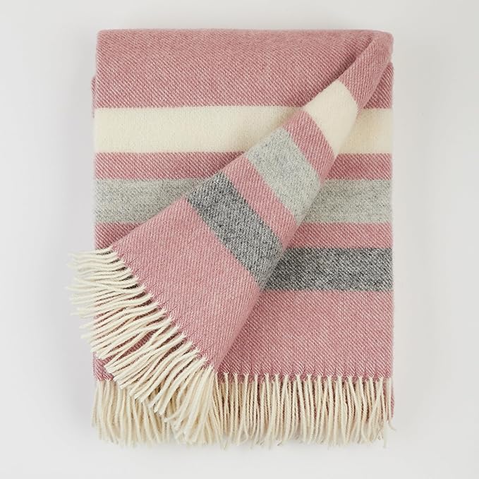 New Zealand Virgin Wool Throw Blanket, Indoor & Outdoor Blankets and Throws, Striped Soft Blanket with Fringes, 55 x 79 in (140 x 200 cm), Pink, Gray, & White