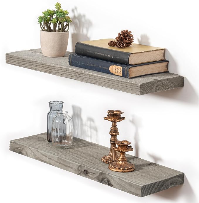 Fun Memories 24 Inch Reclaimed Wood Floating Shelves for Wall, 8 Inch Deep Heavy Duty Rustic Farmhouse Wall Mounted Shelf with Invisible Bracket for Bathroom, Kitchen & Bedroom, Grey