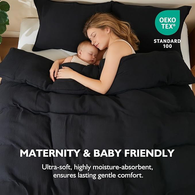 EMME Muslin Cotton Duvet Cover Set Black Queen Size Linen Like Soft Breathable Lightweight Summer Comforter Cover Set with Zipper Closure (Black, Queen, 90"x90")