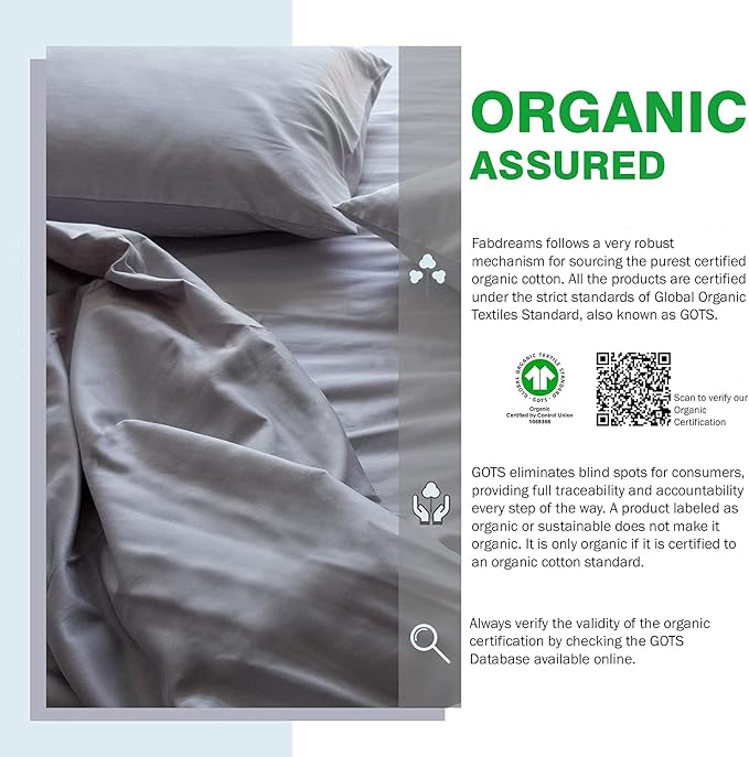 Fabdreams 100% Organic Cotton Standard Queen Pillowcases| 400 Thread Count | Luxury Hotel Collection | GOTS Certified Long Staple Cotton| Smoother Than Egyptian Cotton|Set of 2-20" x 30"|Light Gray