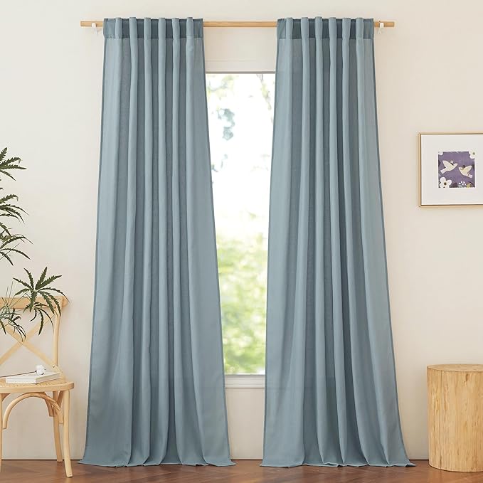 NICETOWN Linen Blend Stone Blue Curtains 96 inches Long, Rod Pocket & Back Tab Light Filtering Semi Sheer Window Treatments Privacy Added Drapes for Bedroom, W55 x L96, 2 Panels