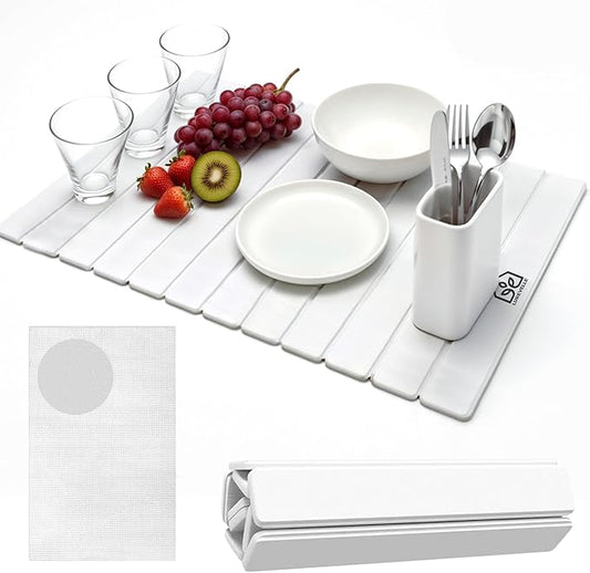 Upgraded Micro Groove Stone Dish Drying Mat for Kitchen Counter, White 24"(L)x16"(W) Large Kitchen Drying Mat, Diatomaceous Earth Stone Mat, Collapsible Dish Drying Mat