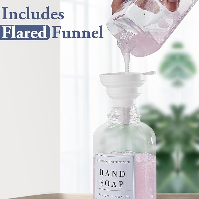 Glass Soap Dispenser with Pump,Tray,Funnel, Countertop Soap and Lotion Dispenser Set of 2 with 60 Stickers, Dish and Hand Soap Dispenser Bottle for Kitchen,Bathroom,Shower, 500ml/16.9oz