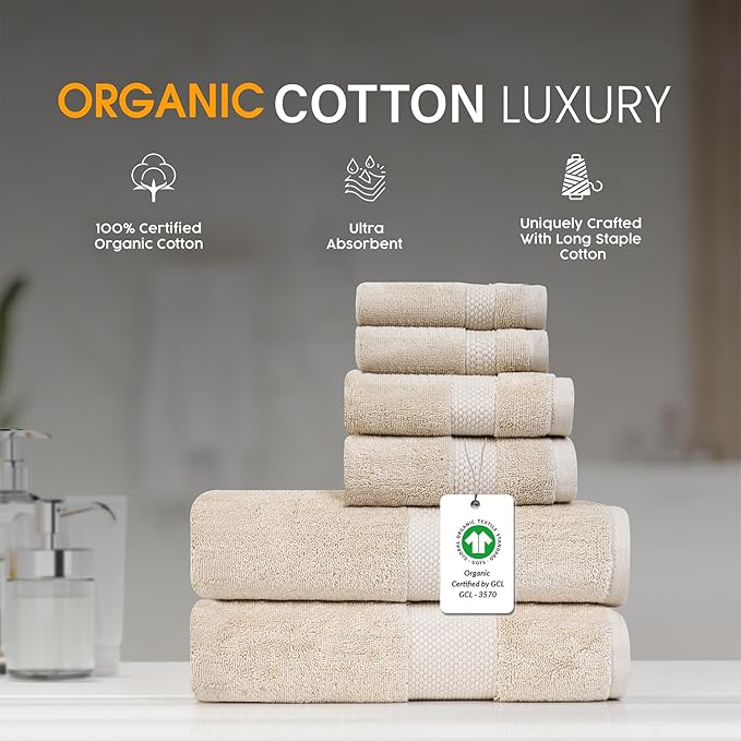 Farm to Home 100% Organic Bath Towel Set of 6 – GOTS & Oeko-TEX Certified Organic Cotton, Soft, Ultra Absorbent, Quick Dry - Includes 2 Bath Towels, 2 Hand Towels, 2 Washcloths - Sand