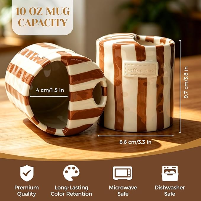 Ceramic Coffee Mug Novelty Ceramic Travel Mug Cute Espresso Cups To Go Anthropologie Latte Cups Aesthetic Brown Pottery Mugs With Sip Hole 10oz Clay Striped Vintage Handmade Coffee Cup for Home