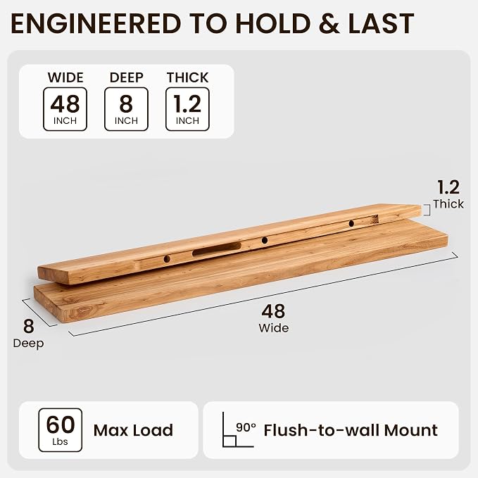 Fun Memories 48 Inch Floating Shelf, 8 Inch Deep Rounded Reclaimed Long Elm Wood Shelf with Hidden Bracket, Modern Floating Shelf for Living Room & Fireplace