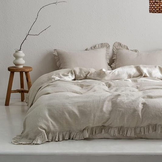 Simple&Opulence 100% Linen Duvet Cover Set, 3 PCS Natural French Flax Ruffle Duvet Cover Queen Size, Breathable Comfy Linen Bedding Comforter Cover with 2 Pillowcases (Natural Linen, 88" X 92")
